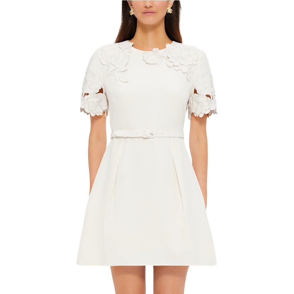 LEO LIN Aurelie Appliqué Mini Dress Cream Size 8 NWT Floral Applique Designer
